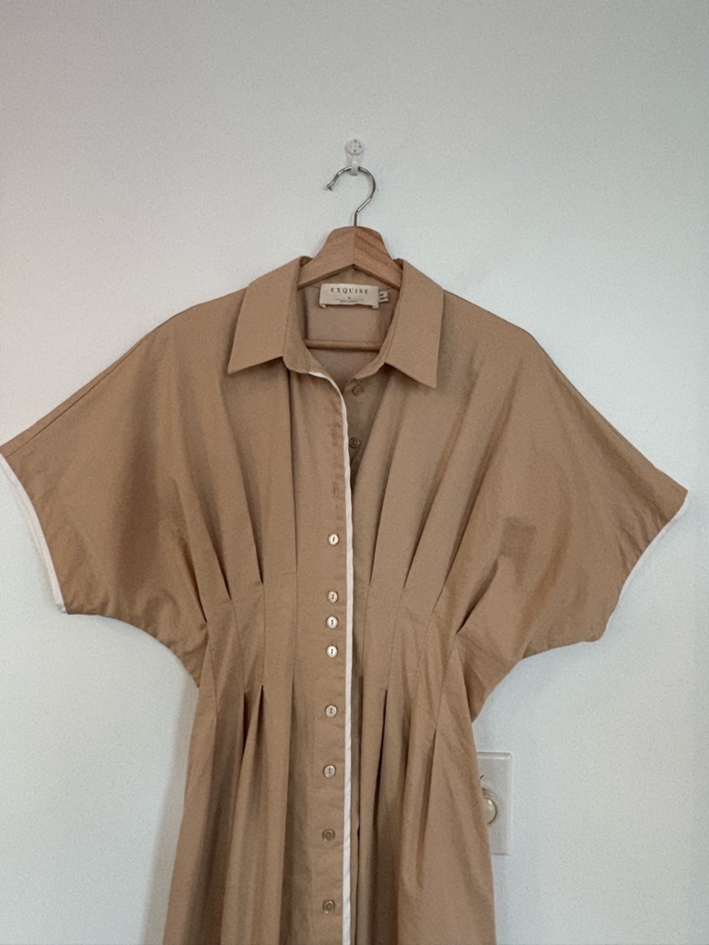 Anthropologie || Exquise Tobie Janie‎ Midi Shirt Dress Fit + Flare Beige Tan M - Picture 3 of 10